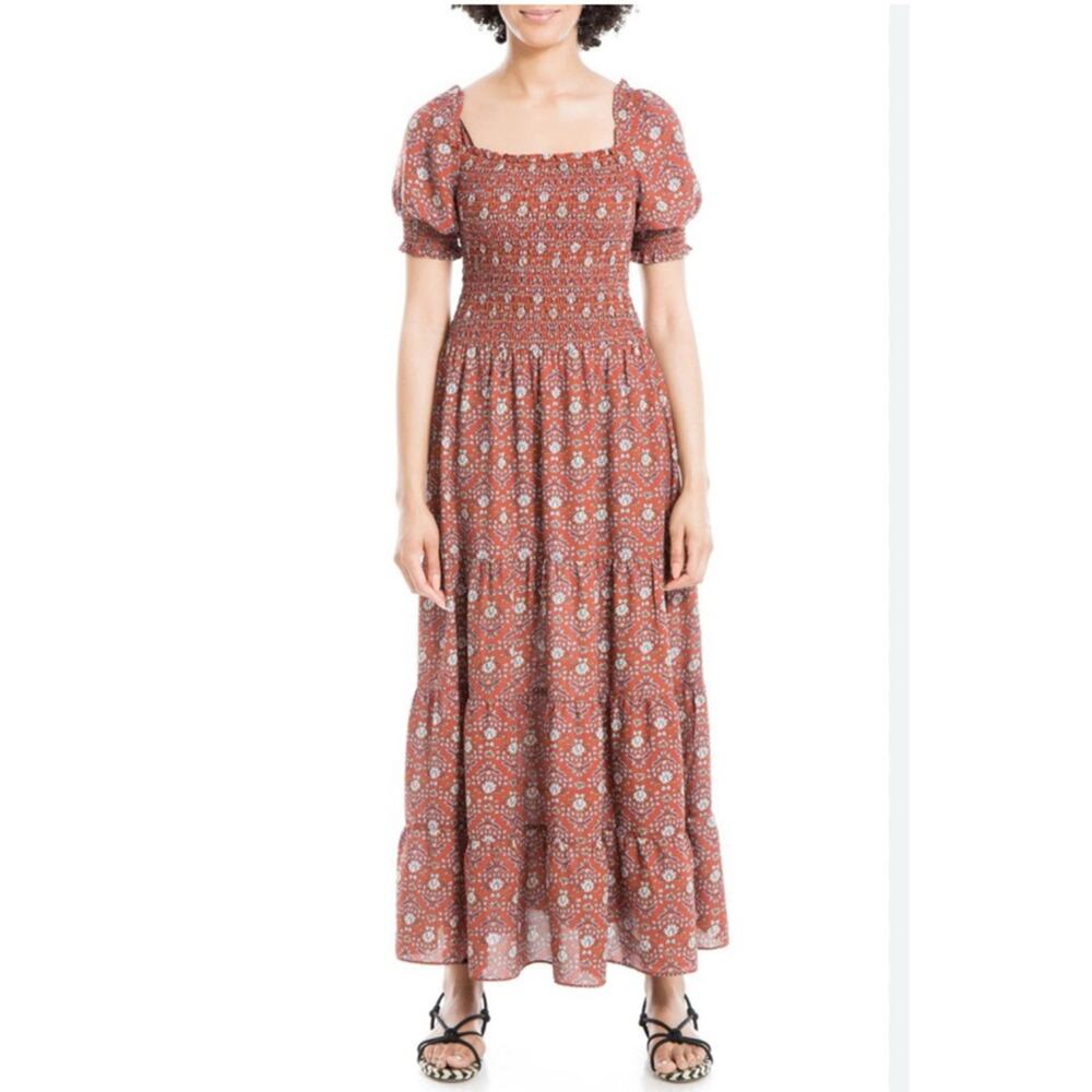 Max Studio Ruffle Collar Floral Print Smocked Tiered‎ Maxi Dress Size Small